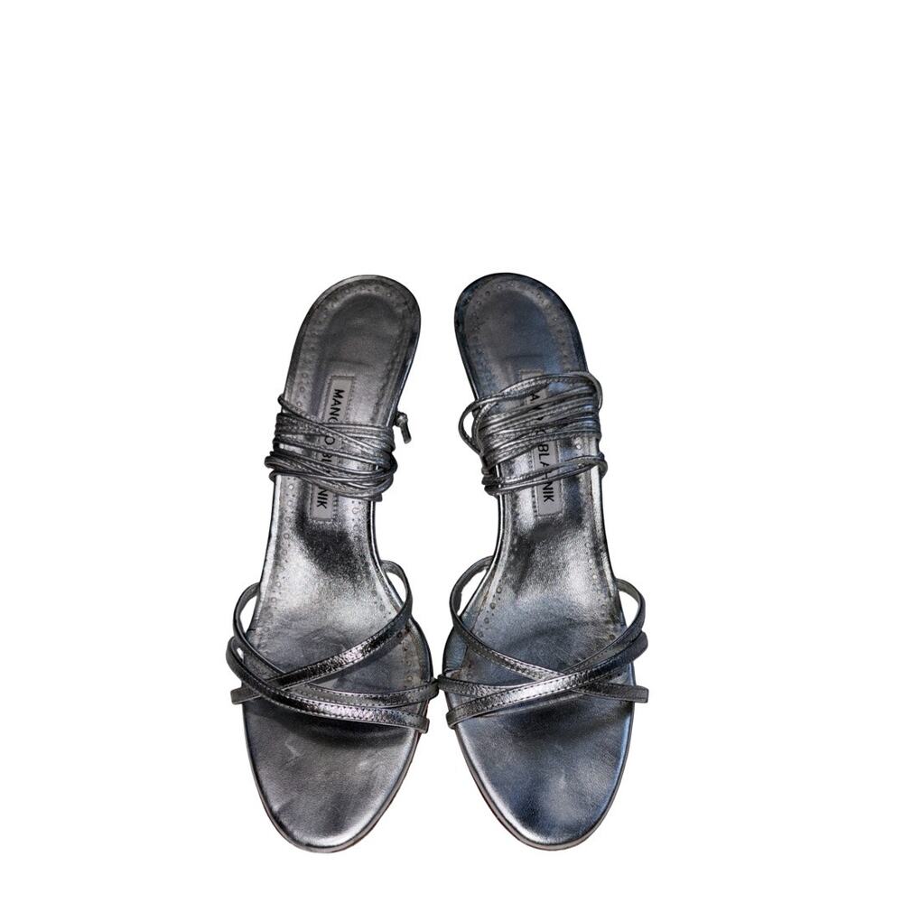 Manolo Blahnik LEVA 105mm Metallic Silver Ankle Tie Heels   Size: EU 39 US 9